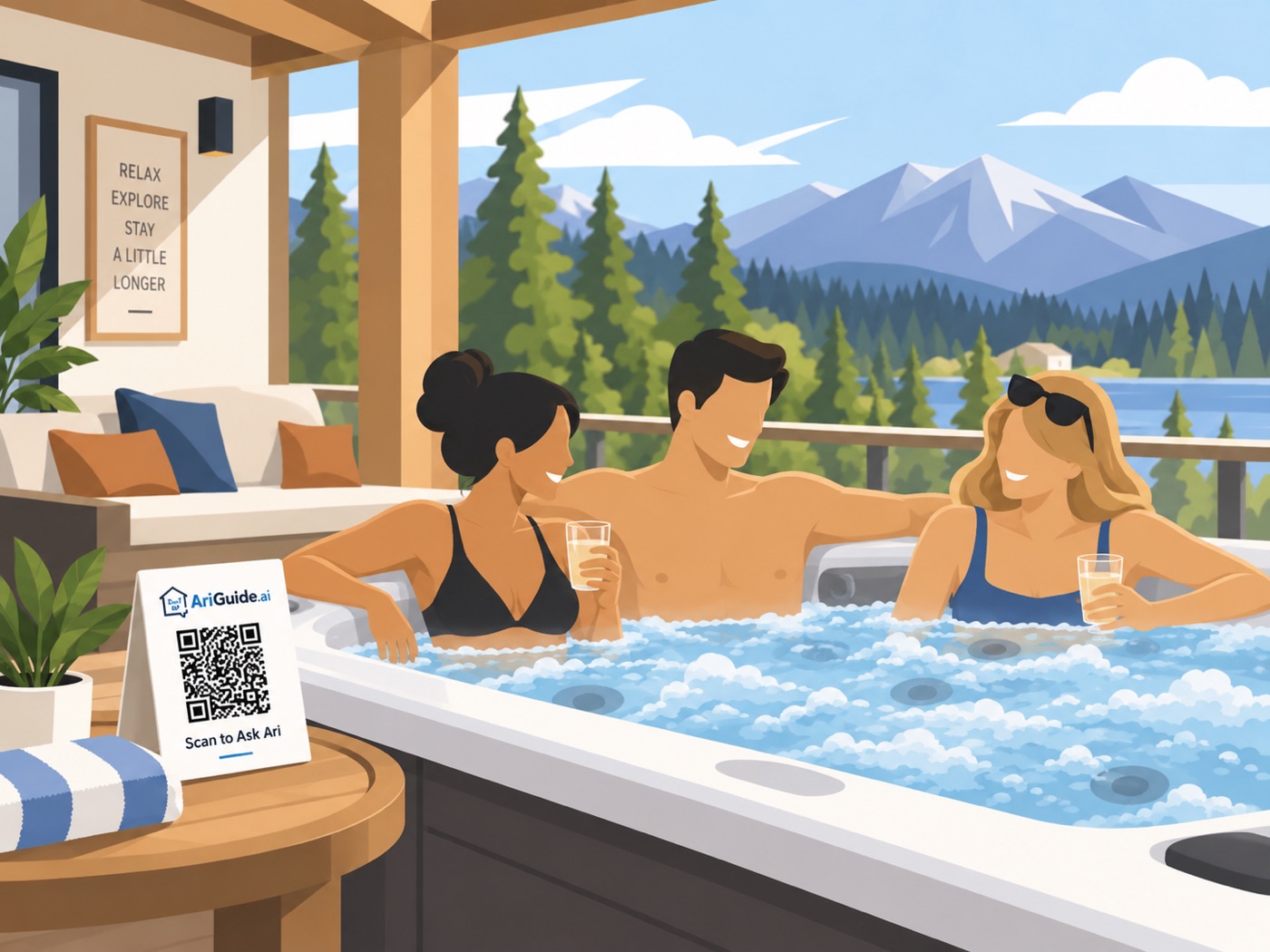 Guests in a hot tub with a small 'Scan to Ask Ari' QR card on the deck beside them